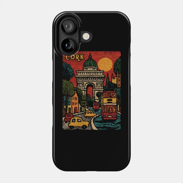 Whimsical European City Linocut Print | Retro European Vacation Souvenir Phone Case by TuncGK