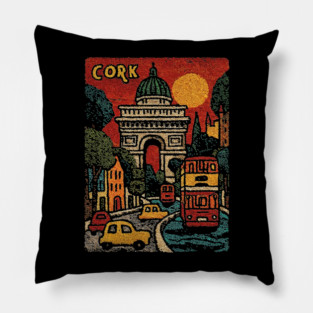 Whimsical European City Linocut Print | Retro European Vacation Souvenir Pillow
