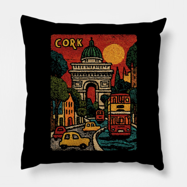 Whimsical European City Linocut Print | Retro European Vacation Souvenir Pillow by TuncGK