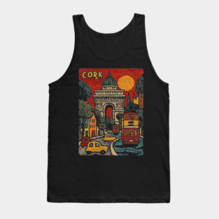 Whimsical European City Linocut Print | Retro European Vacation Souvenir Tank Top