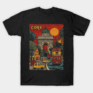 Whimsical European City Linocut Print | Retro European Vacation Souvenir T-Shirt