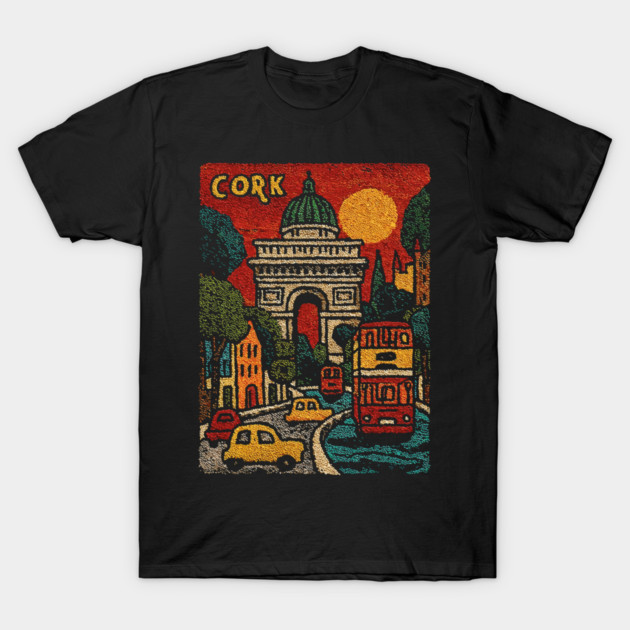 Whimsical European City Linocut Print | Retro European Vacation Souvenir T-Shirt by TuncGK
