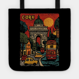 Whimsical European City Linocut Print | Retro European Vacation Souvenir Tote