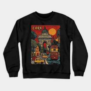 Whimsical European City Linocut Print | Retro European Vacation Souvenir Crewneck Sweatshirt