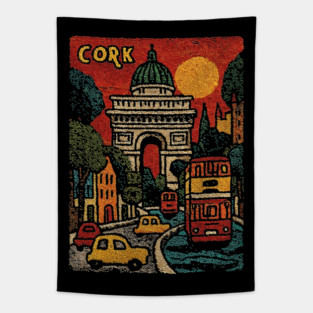 Whimsical European City Linocut Print | Retro European Vacation Souvenir Tapestry
