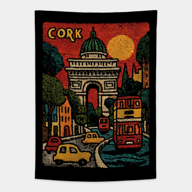 Whimsical European City Linocut Print | Retro European Vacation Souvenir Tapestry by TuncGK