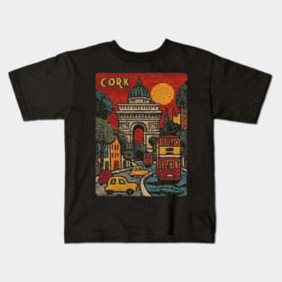 Whimsical European City Linocut Print | Retro European Vacation Souvenir Kids T-Shirt