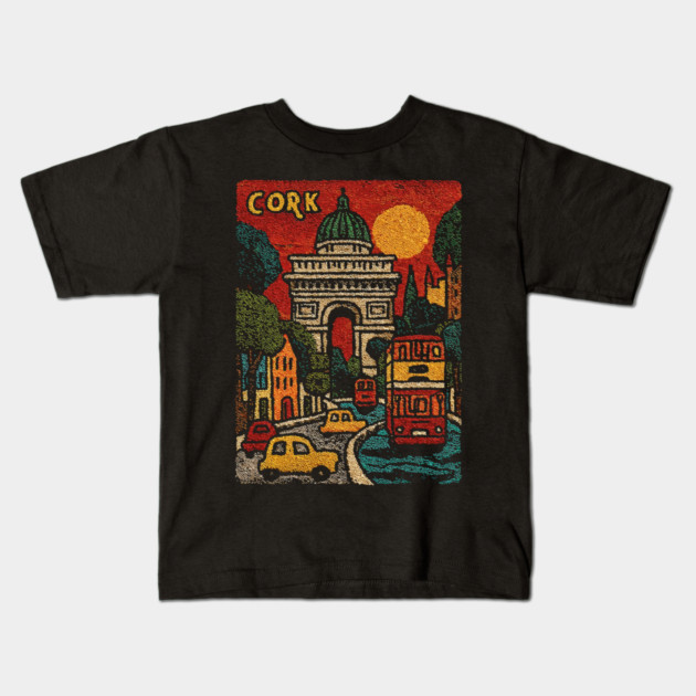 Whimsical European City Linocut Print | Retro European Vacation Souvenir Kids T-Shirt by TuncGK