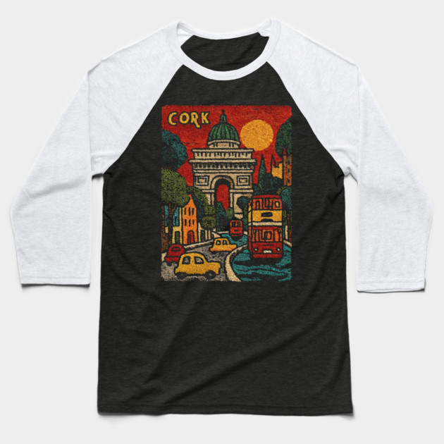 Whimsical European City Linocut Print | Retro European Vacation Souvenir Baseball T-Shirt by TuncGK