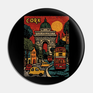 Whimsical European City Linocut Print | Retro European Vacation Souvenir Pin