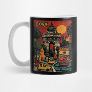 Whimsical European City Linocut Print | Retro European Vacation Souvenir Mug