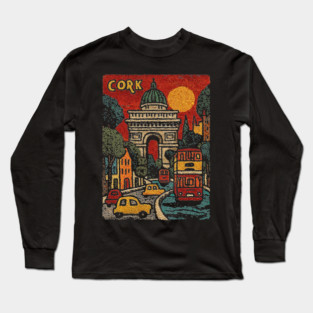 Whimsical European City Linocut Print | Retro European Vacation Souvenir Long Sleeve T-Shirt