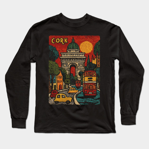 Whimsical European City Linocut Print | Retro European Vacation Souvenir Long Sleeve T-Shirt by TuncGK