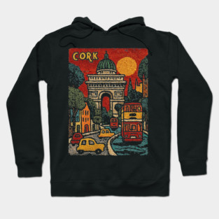Whimsical European City Linocut Print | Retro European Vacation Souvenir Hoodie