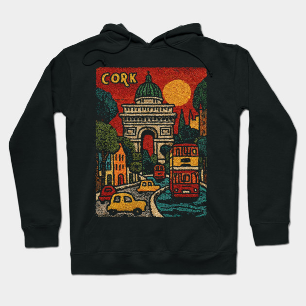 Whimsical European City Linocut Print | Retro European Vacation Souvenir Hoodie by TuncGK