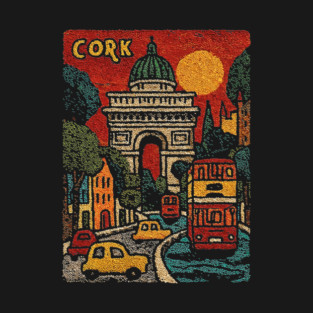 Whimsical European City Linocut Print | Retro European Vacation Souvenir T-Shirt