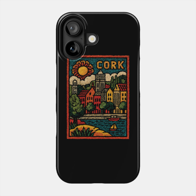 Colorful Cork Harbour Linocut Print | Retro Irish Seaside Village Phone Case by TuncGK