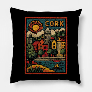 Colorful Cork Harbour Linocut Print | Retro Irish Seaside Village Pillow