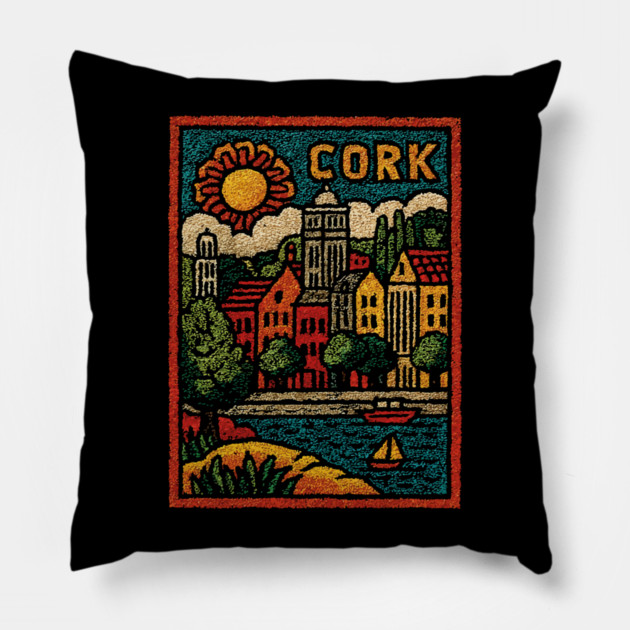 Colorful Cork Harbour Linocut Print | Retro Irish Seaside Village Pillow by TuncGK
