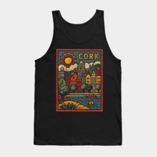 Colorful Cork Harbour Linocut Print | Retro Irish Seaside Village Tank Top