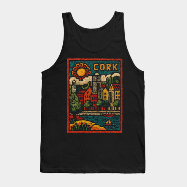 Colorful Cork Harbour Linocut Print | Retro Irish Seaside Village Tank Top by TuncGK