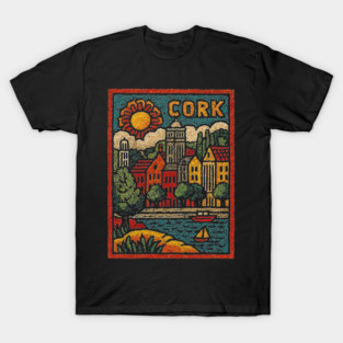 Colorful Cork Harbour Linocut Print | Retro Irish Seaside Village T-Shirt