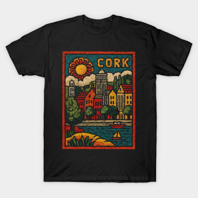 Colorful Cork Harbour Linocut Print | Retro Irish Seaside Village T-Shirt by TuncGK