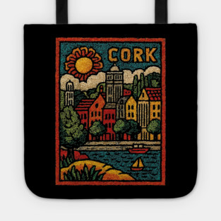 Colorful Cork Harbour Linocut Print | Retro Irish Seaside Village Tote
