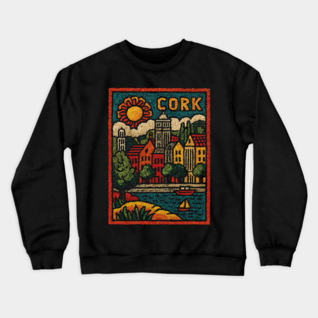 Colorful Cork Harbour Linocut Print | Retro Irish Seaside Village Crewneck Sweatshirt by TuncGK