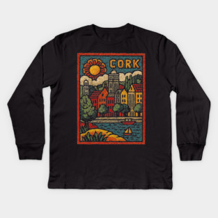 Colorful Cork Harbour Linocut Print | Retro Irish Seaside Village Kids Long Sleeve T-Shirt