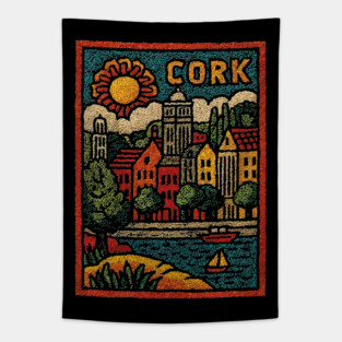 Colorful Cork Harbour Linocut Print | Retro Irish Seaside Village Tapestry