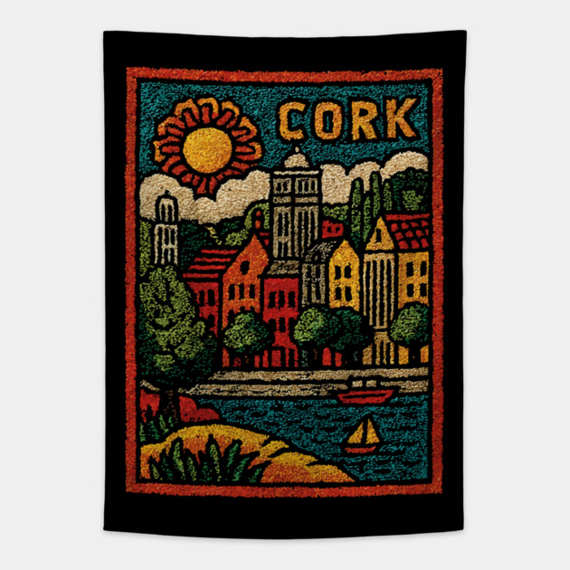 Colorful Cork Harbour Linocut Print | Retro Irish Seaside Village Tapestry by TuncGK