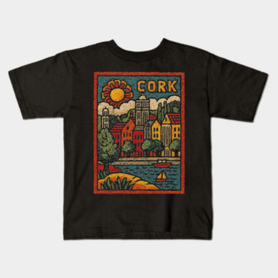 Colorful Cork Harbour Linocut Print | Retro Irish Seaside Village Kids T-Shirt