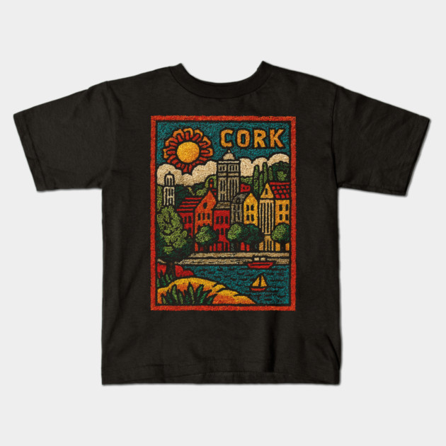 Colorful Cork Harbour Linocut Print | Retro Irish Seaside Village Kids T-Shirt by TuncGK