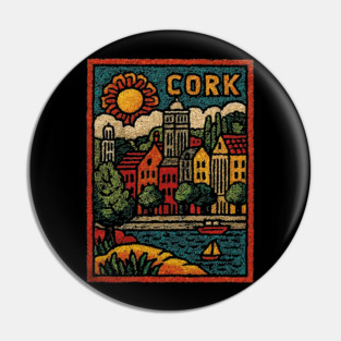Colorful Cork Harbour Linocut Print | Retro Irish Seaside Village Pin