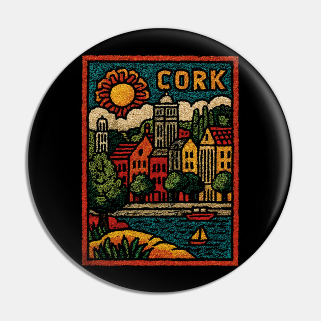 Colorful Cork Harbour Linocut Print | Retro Irish Seaside Village Pin by TuncGK