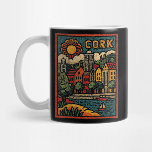 Colorful Cork Harbour Linocut Print | Retro Irish Seaside Village Mug