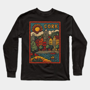 Colorful Cork Harbour Linocut Print | Retro Irish Seaside Village Long Sleeve T-Shirt