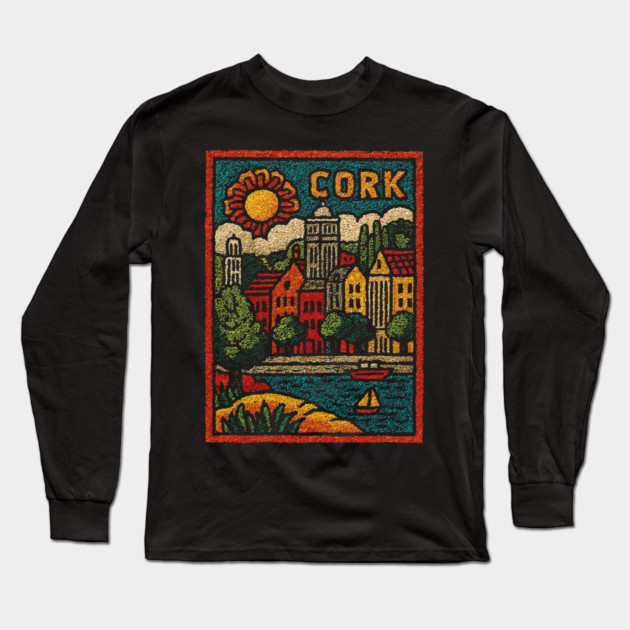 Colorful Cork Harbour Linocut Print | Retro Irish Seaside Village Long Sleeve T-Shirt by TuncGK
