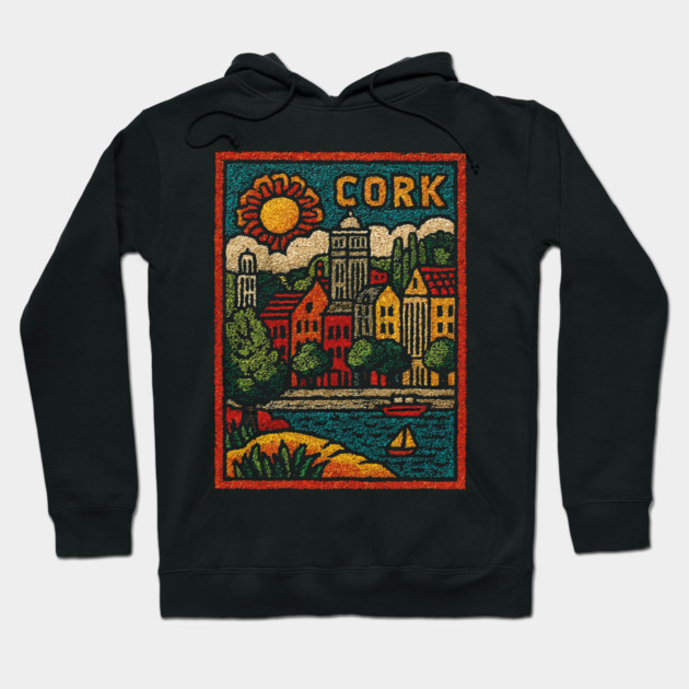 Colorful Cork Harbour Linocut Print | Retro Irish Seaside Village Hoodie by TuncGK