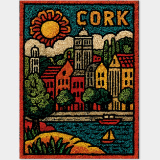 Colorful Cork Harbour Linocut Print | Retro Irish Seaside Village Posters and Art