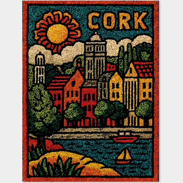 Colorful Cork Harbour Linocut Print | Retro Irish Seaside Village Wall Art by TuncGK