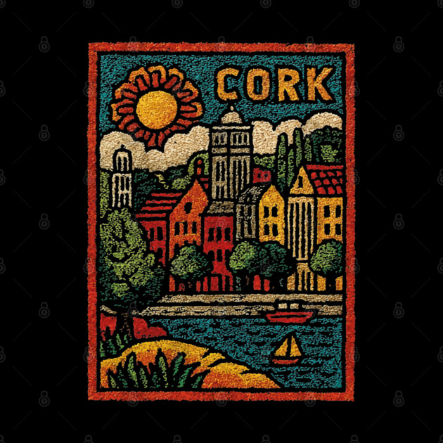 Colorful Cork Harbour Linocut Print | Retro Irish Seaside Village by TuncGK