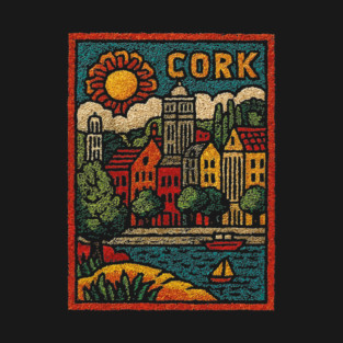 Colorful Cork Harbour Linocut Print | Retro Irish Seaside Village T-Shirt