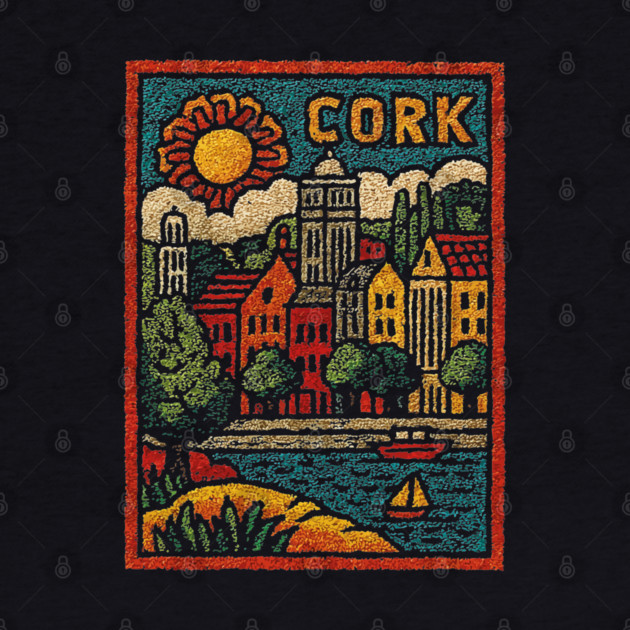 Colorful Cork Harbour Linocut Print | Retro Irish Seaside Village by TuncGK