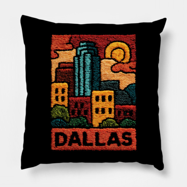 Dallas Texas Linocut Print | Retro Big D Skyline Souvenir Pillow by TuncGK