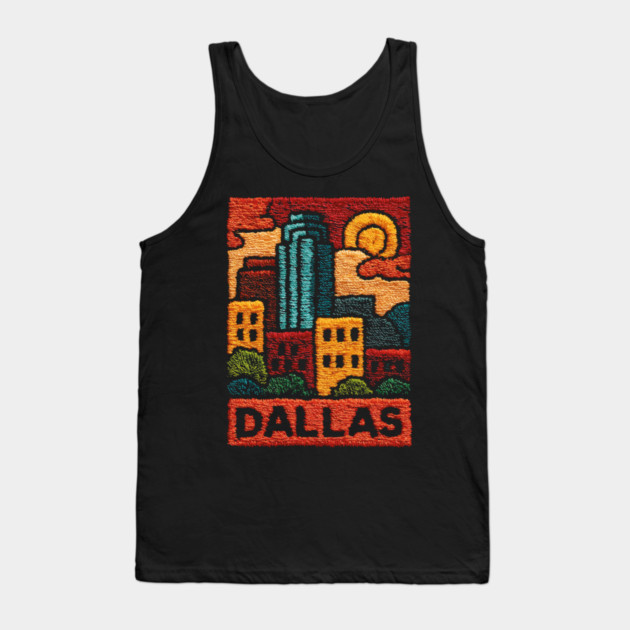 Dallas Texas Linocut Print | Retro Big D Skyline Souvenir Tank Top by TuncGK