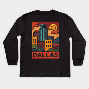 Dallas Texas Linocut Print | Retro Big D Skyline Souvenir Kids Long Sleeve T-Shirt