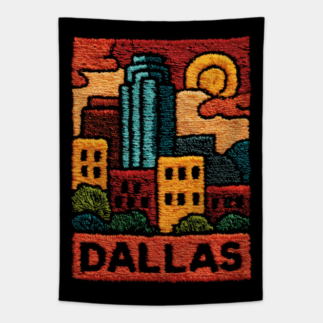 Dallas Texas Linocut Print | Retro Big D Skyline Souvenir Tapestry by TuncGK
