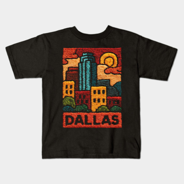 Dallas Texas Linocut Print | Retro Big D Skyline Souvenir Kids T-Shirt by TuncGK